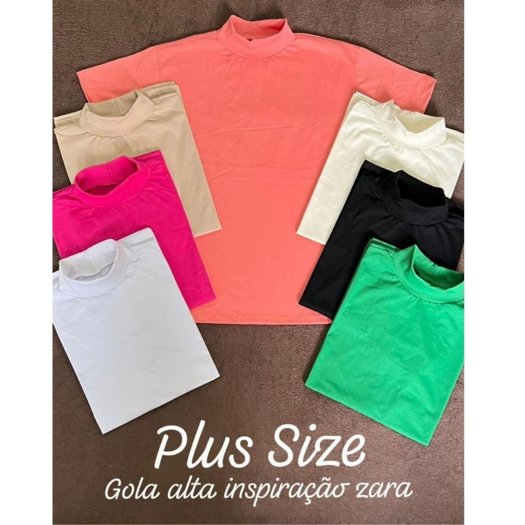 T shirt Camiseta Feminina Básica Plus Size Gola Alta Tipo Prada de Algodão  100%