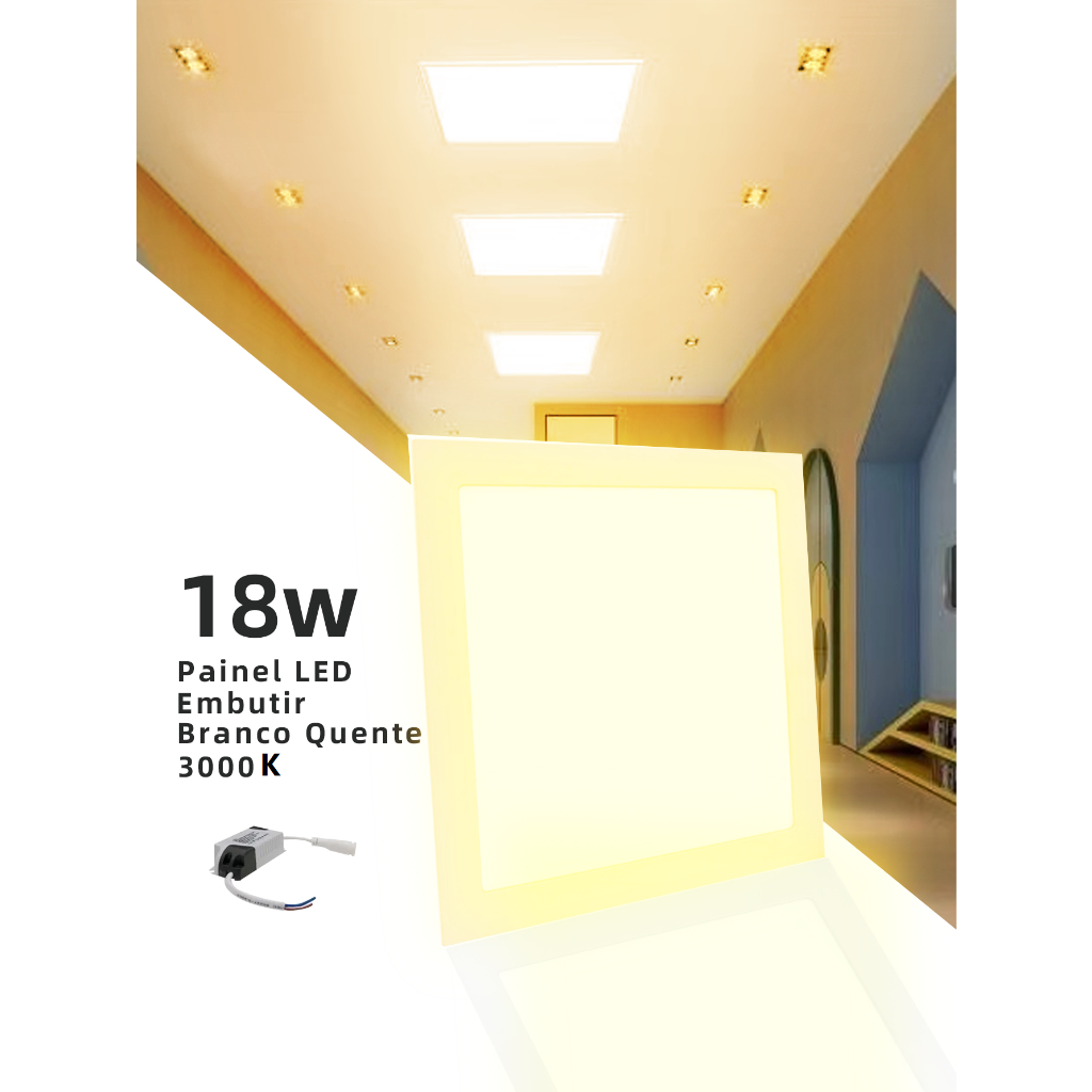 Luminária Painel Led Plafon De Embutir 18w Quadrado 3000K-3500k Luz Branco Quente