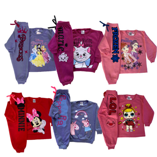 Kit 6 Peças Conjuntos Moletom Feminino Personagem Infantil Inverno - 3 Casacos + 3 Calças Menina