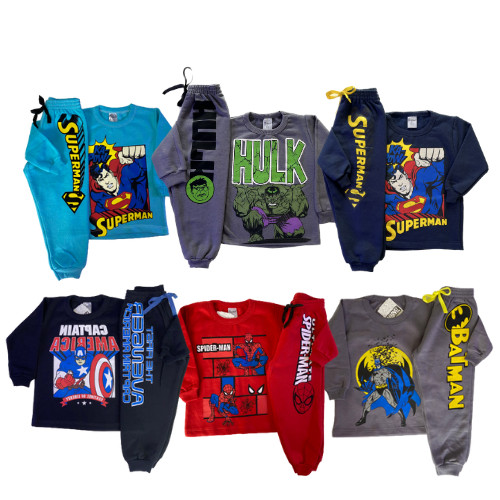 Kit 6 Peças Conjuntos Moletom Personagem Masculino Infantil Inverno - 3 Casacos + 3 Calças Menino