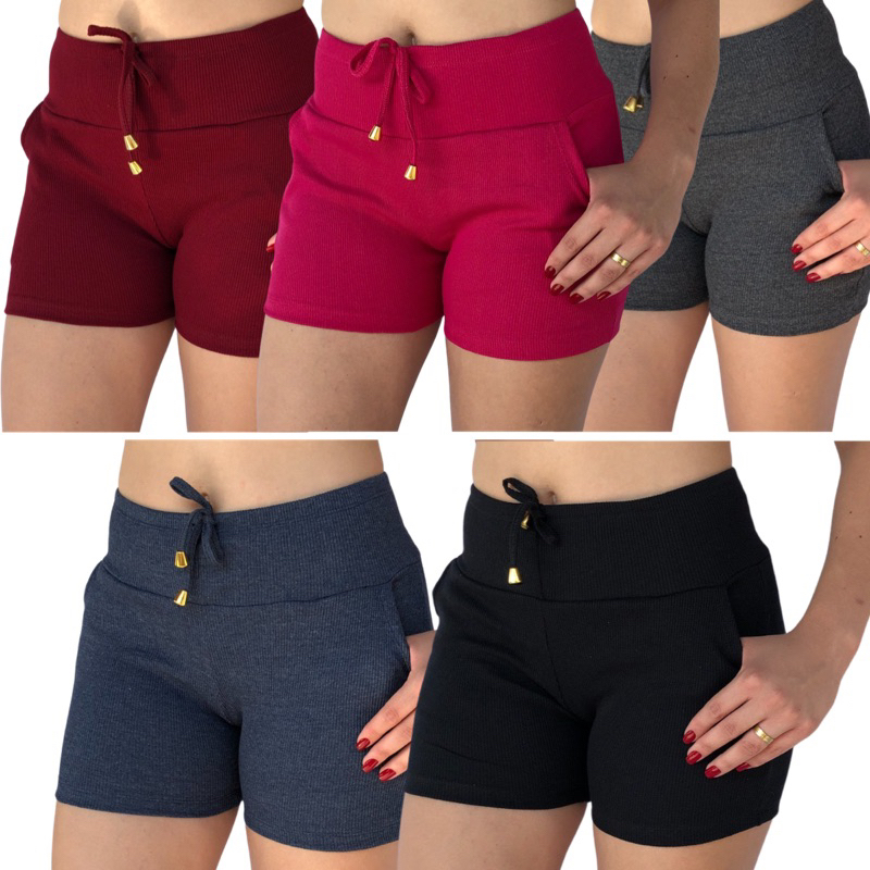 kit 5 Short feminino cintura alta malha canelada