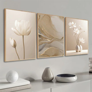 Kit 3 Quadros Decorativos Flores Floral Branco Nude Abstrato Com Moldura