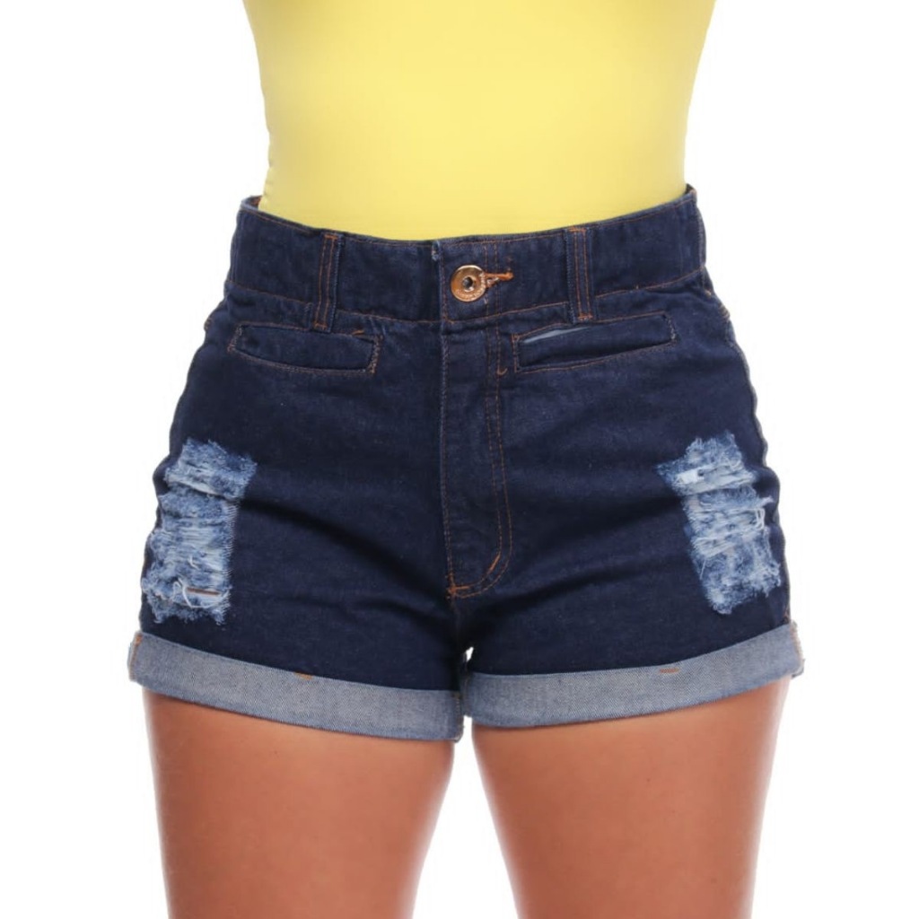 Short Jeans Feminino Escuro Destroyed Cintura alta Hot Pants