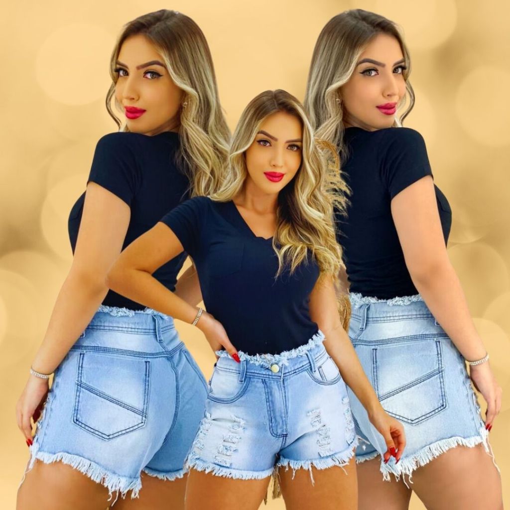 Short Jeans Curto Cintura Alta com Barra Desfiada Estilo Fashion Elástica  Bolso Moda Feminina