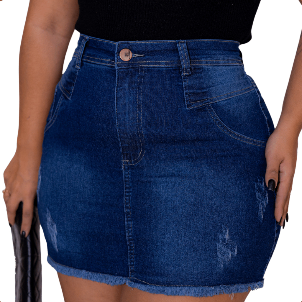 Saia Jeans Plus Size Feminina Cintura Alta Destroyed Azul Escuro