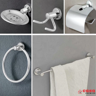 Kit Acessórios Para Banheiro Jogo Completo 05 Peças Metal Conjunto Porta Toalha Banho Papeleira Saboneteira Porta Toalha Rosto Cabide 2 Ganchos