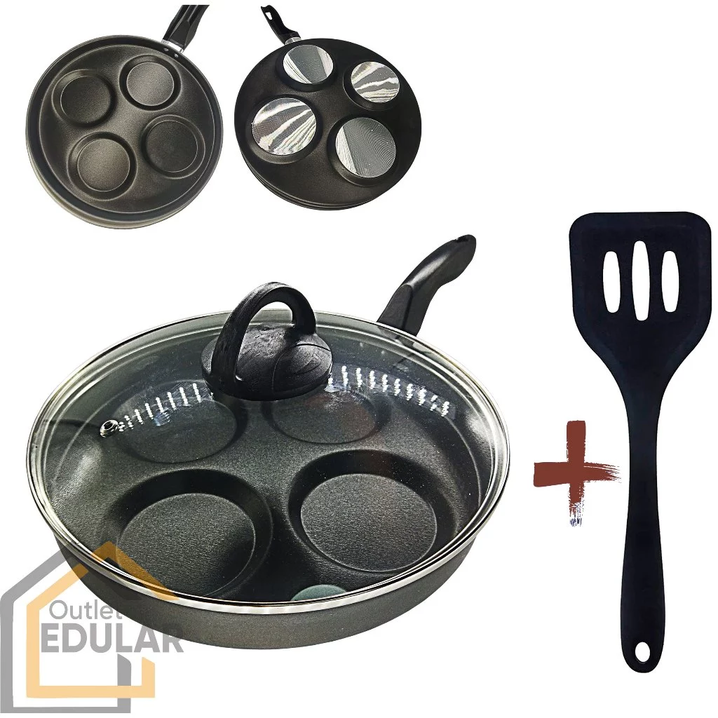 Frigideira 26 cm Divisória 4 Ovos Hambúrguer Com Tampa de Vidro e Espátula Antiaderente Cor Preto