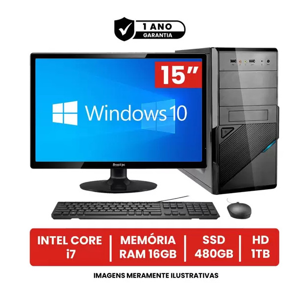 Computador Completo Intel Core I7 16gb de Ram Ssd 480gb Hd 1tb Monitor Led 15" Hdmi + Windows 10 - BESTPC