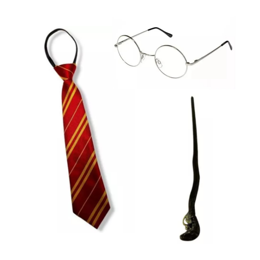 Kit Fantasia Bruxo 1 Óculos + 1 Gravata + 1 Varinha Mágica