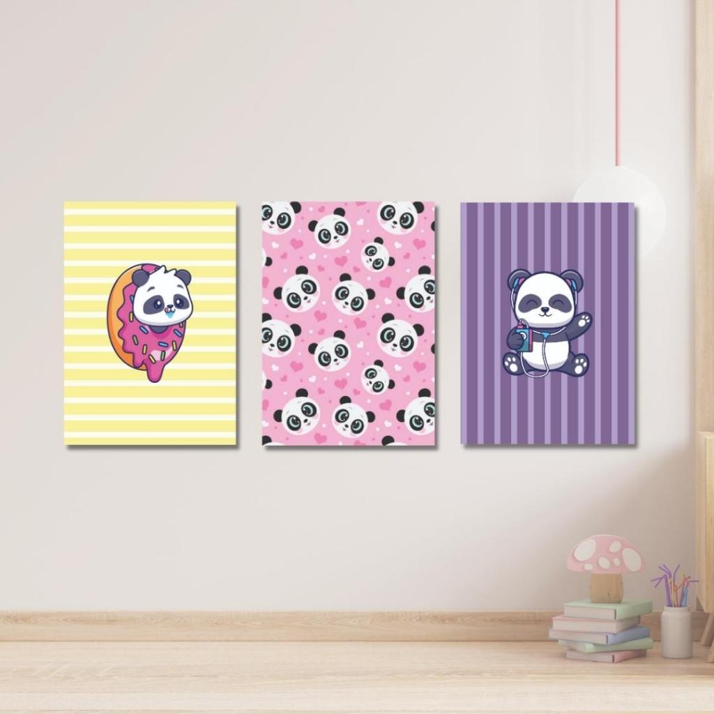 Panda Desenho Animais Roxo Infantil Quadro Canvas 120x80cm