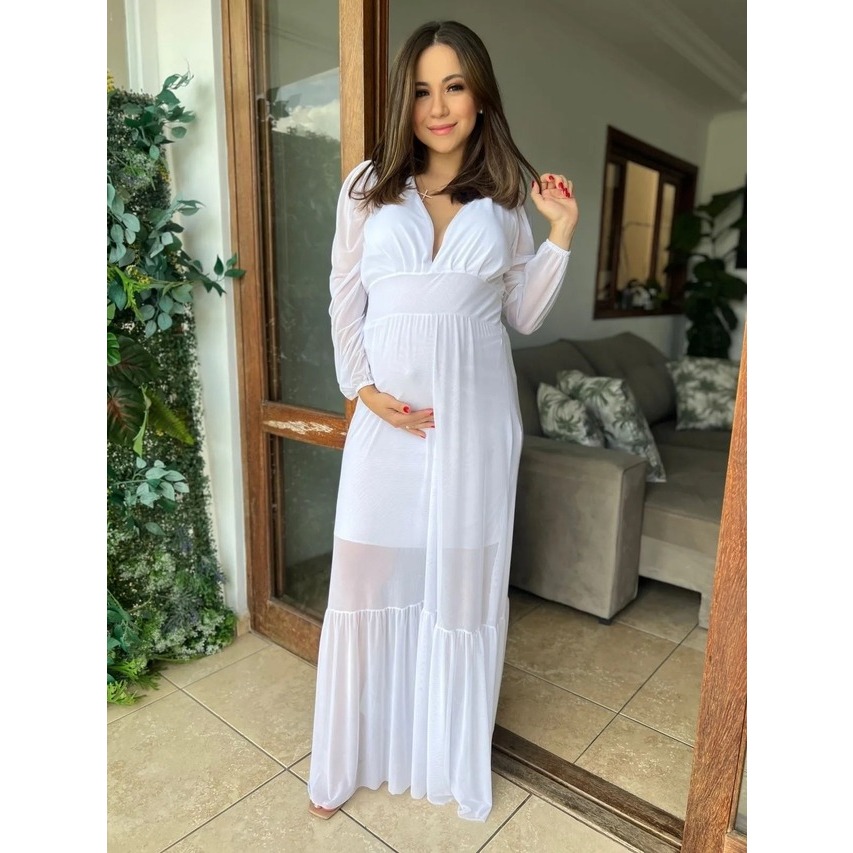 Vestido Branco Selma Gravida Noiva Manga Longa Em Tule Longo