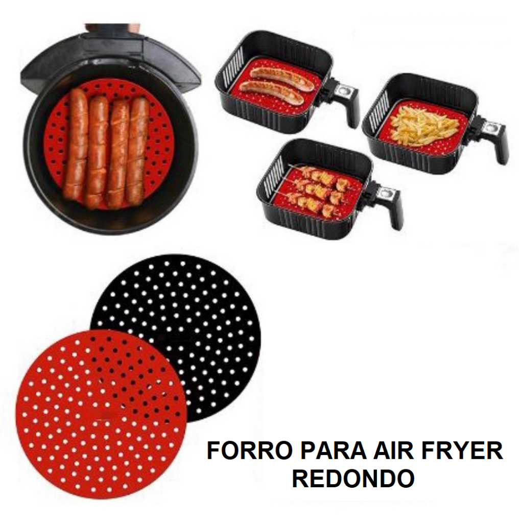 Forro Tapete em Silicone Para Air Fryer 19,5cm Fritadeira Elétrica Redondo Multiuso Universal Vermelho Preto