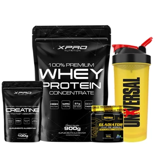 Kit Whey Protein 100% 900g + Creatina 100g - XPro + Gladiator 150g - Pretorian + Coquet - Universal em Oferta na Shopee