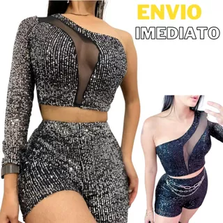 Conjunto Cropped Paetê um Ombro só Tule no meio e Saia c/ Fenda, Short Manga Longa Festas