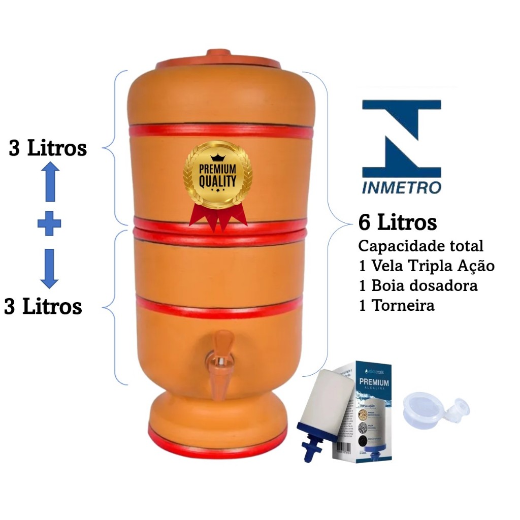 Filtro Água de Barro com Vela Tripla Ação Capacidade de 3 litros na parte de cima + 3 litros na parte baixo