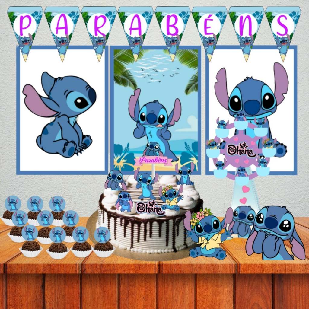 Kit festa em casa só um bolinho Stitch lilo decoração aniversário + topo de  bolo
