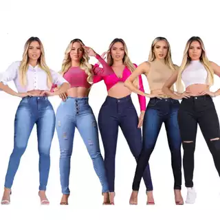 Kit 5 Calça Jeans Feminina Cintura Alta lycra Premium luxo efeito empina bumbum