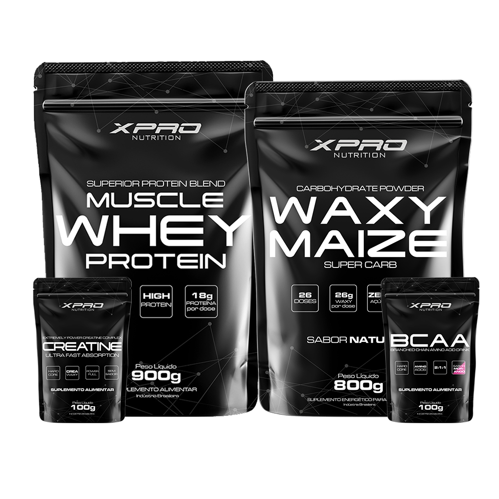 Kit Whey Protein Muscle Whey 900g + Creatina 100g + BCAA 100g + Waxy Maize 800g – XPRO Nutrition