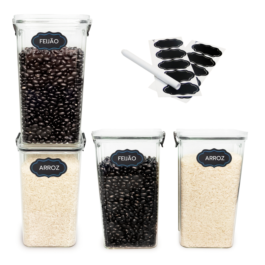 Conjunto de 4 Potes 1,6 Litro para Arroz Feijão Açúcar Café Doces Bolachas Grãos Potes Super Resistentes