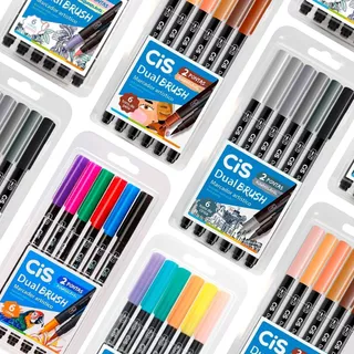 Kit Cis Dual Brush - Caneta Ponta Pincel Aquarelável e Ponta Fina - Cores Básicas, Neon, Tom Pastel, Cinza e Tons de Pele