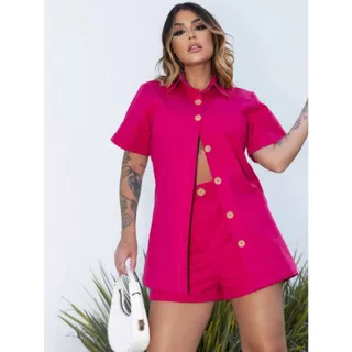Conjunto Feminino Camisa Manga Curta e Short Bermuda Cintura Alta Linho