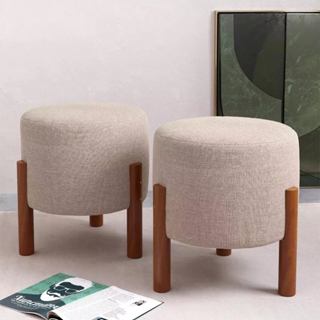 Kit 2 Puff Sala Banquinho Banqueta Linho Luxo Pés Madeira Maciça