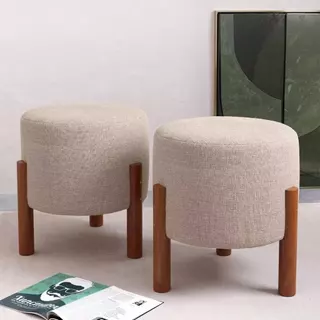 Kit 2 Puff Sala Banquinho Banqueta Linho Luxo Pés Madeira Maciça