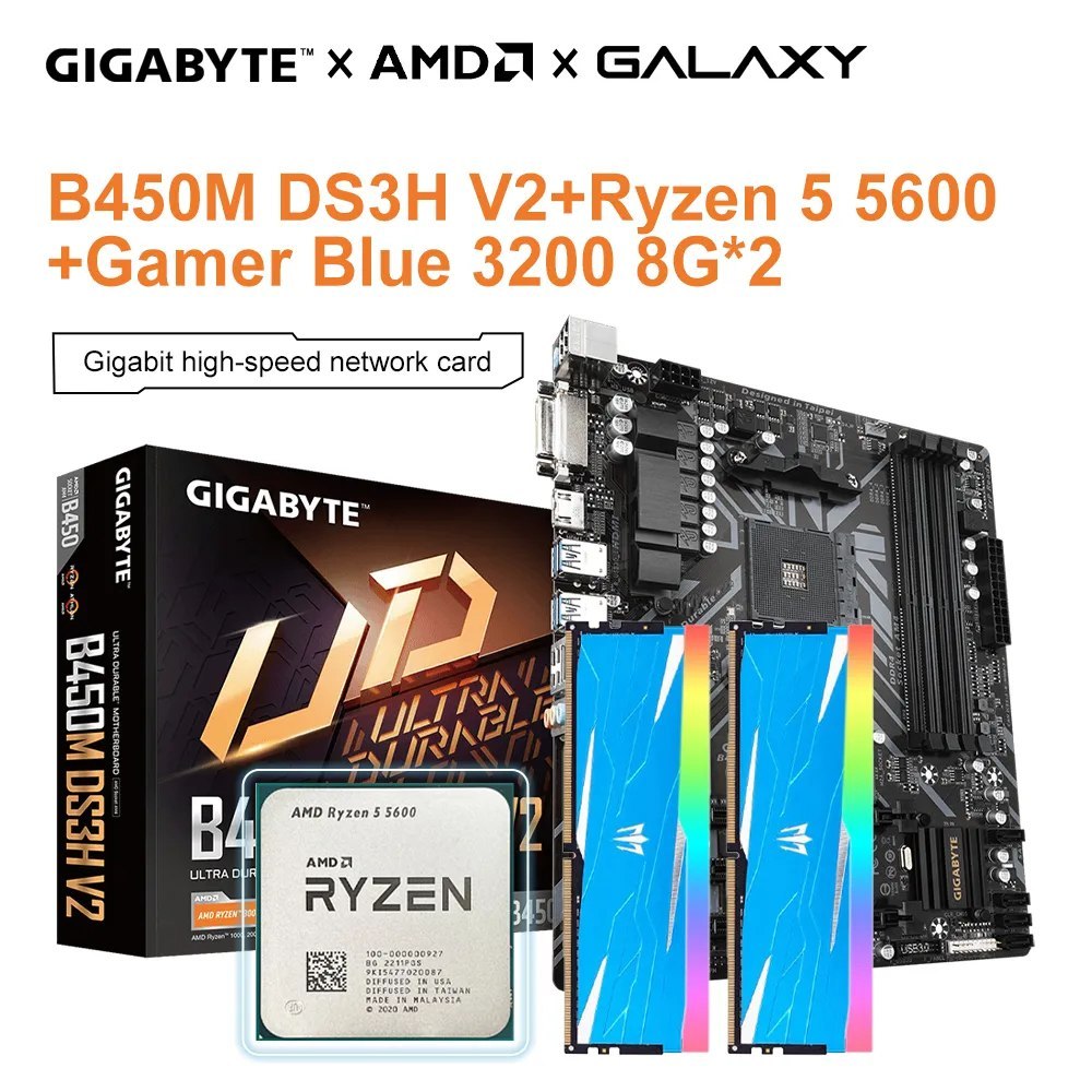 Placa-mãe Gigabyte-B450M DS3H V2, AMD Ryzen 5 5600, Soquete do processador CPU R5 5600, AM4 + GALAXY 8G 3200, 8G x 2 RAM, mATX, Novo