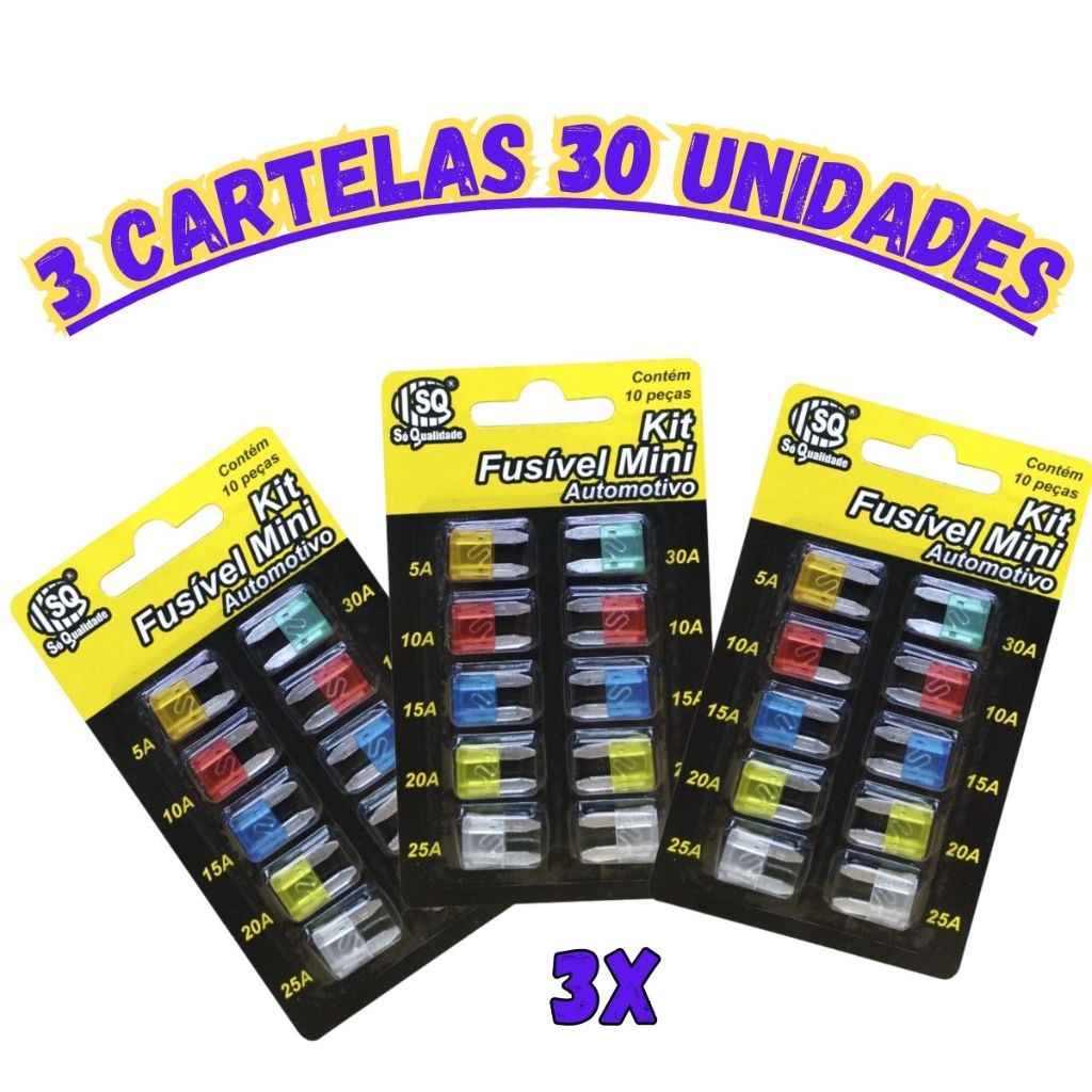 fusivel automotivo mini kit com 30 unidades 3 cartelas
