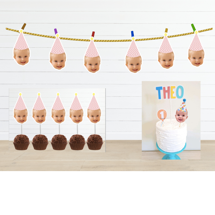 Kit 1 topo de bolo rostinho nome e idade, 60 Tag /Topper Rostinho, Bandeirola/Varal 12 rostinho, Tamanho entre 13 e 15 cm