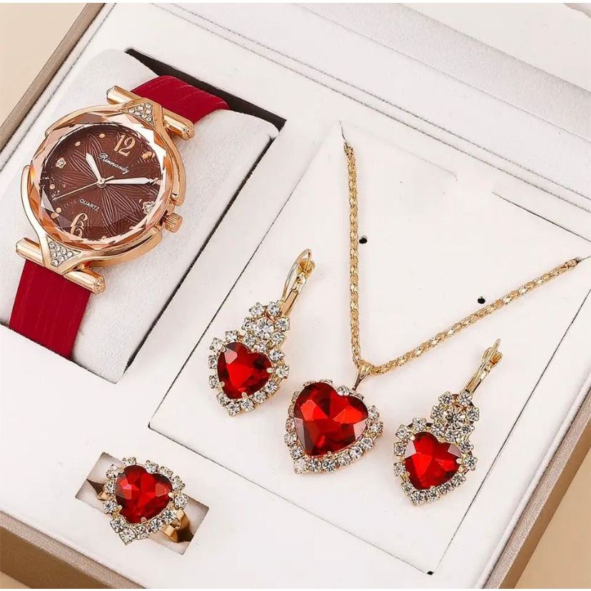 Conjunto de Joias Femininas Relógio Colar Anel e Par De Brincos