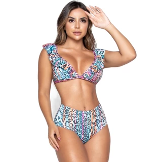 Biquini Top Alça com Babado e Calcinha Hot Pants Cintura Alta Proteção UV 50 Blogueira 164