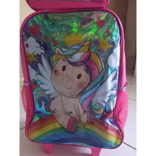 Mochila Infantil Escolar Rosa Unicórnio Menina c/ Rodinhas 3 Alças Arco Íris p/ Crianças Passeios Viagens Escola Creche