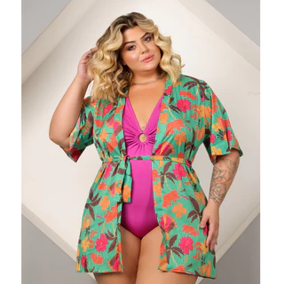 Conjunto Body Maiô Forrado Kimono Plus Size Saída de Praia Moda Maior Maiô Forrado com Bojo Pareô Canga Curve