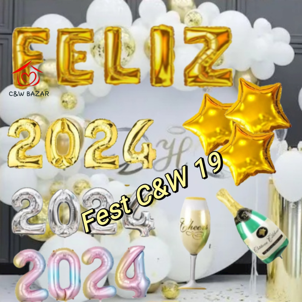Kit Balão Número Bexiga Letra Feliz Ano Novo 2024 Para Decoração