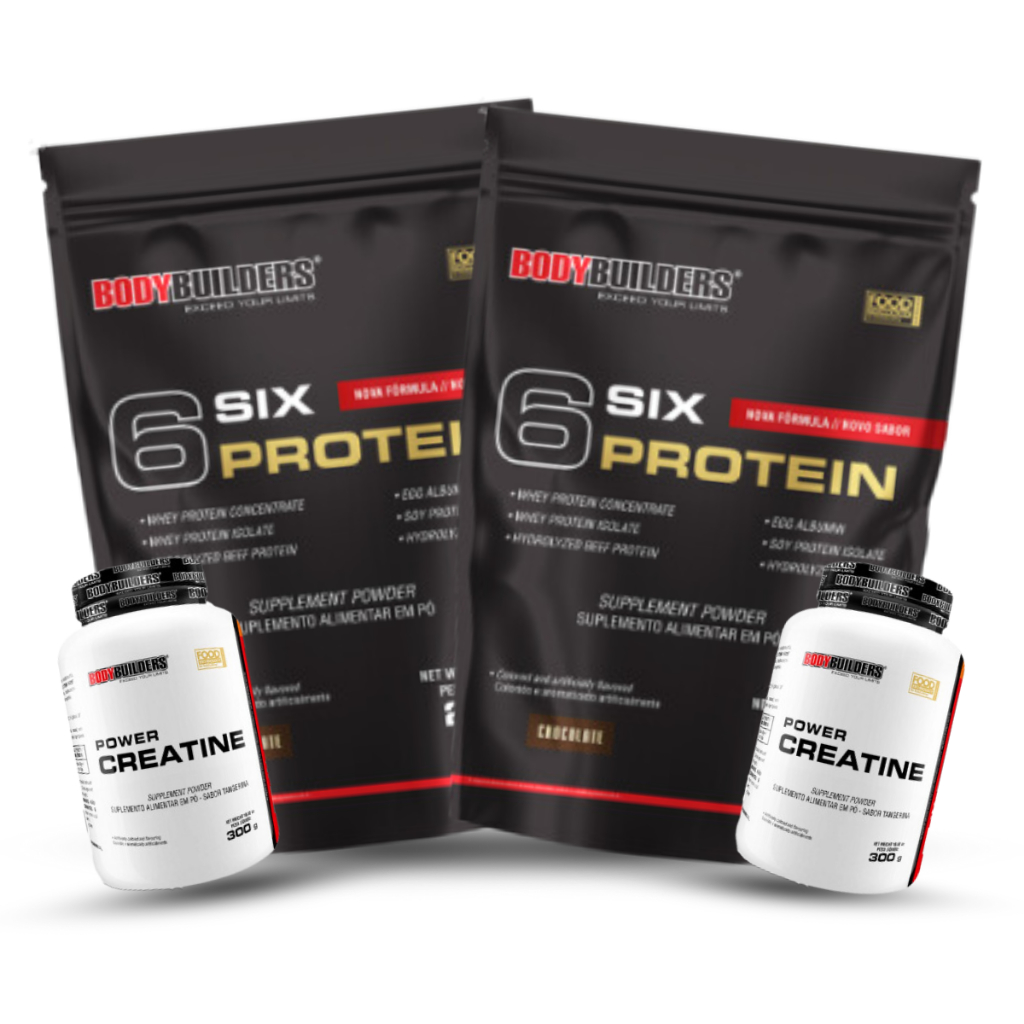 Kit 2 Whey Protein 2kg Concentrado 6 Six Protein + 2 Creatina 300g Ganho de Massa e Definição Muscular – Bodybuilders
