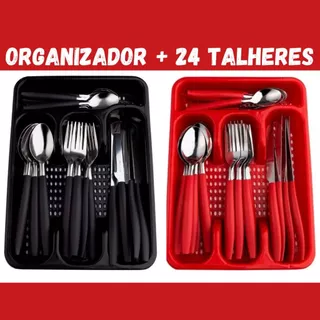 Jogo De Talheres Inox Com 24 Peças + Suporte Gaveteiro