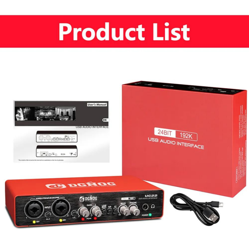 Interface de Áudio USB DGNOG UC22 Placa de Som Profissional Gravação 24 bits / 192 kHz para Computador, Guitarra, Estúdio e Podcasts