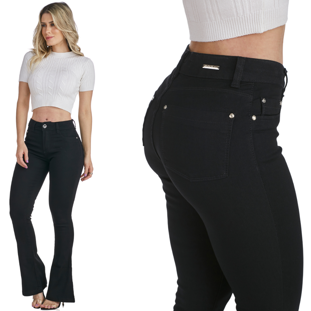 Calça Jeans Flare HNO Jeans Petit Boca de Sino Preta - Compre