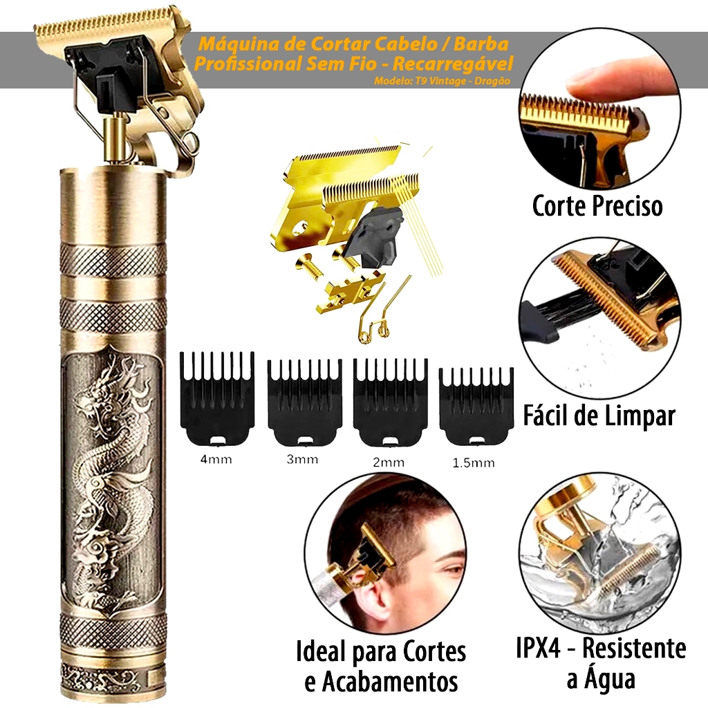 Máquina Cortar Cabelo Barba T9 Dourada Ouro Dragão Recarregavel Sem Fio ...