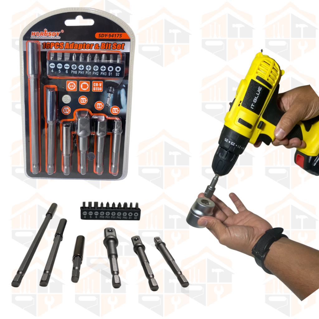 KIT PARA FURADEIRA E PARAFUSADEIRA COM EXTENSORES E ADP DE 1/2M 3/8M 1/4M 16 PEÇAS