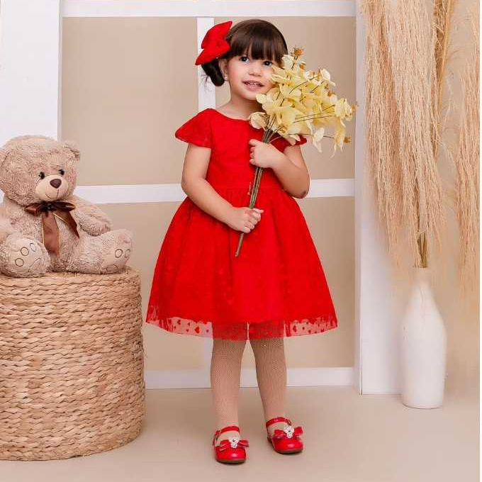 Vestido Infantil Vermelho - Renda com Coração