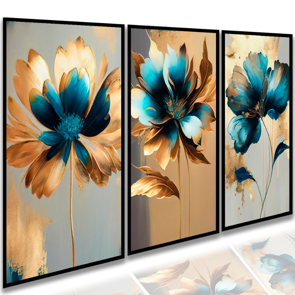 Quadros Decorativos 3 Peças Flores Abstratas Floral Luxo Flor Neutra Quarto Sala Luxo