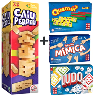 KIT 4 JOGOS ESTRATÉGIA- Ludo + Fazendo Mimica + Jogo Caiu Perdeu Madeira + Quem é (Estilo cara a cara)