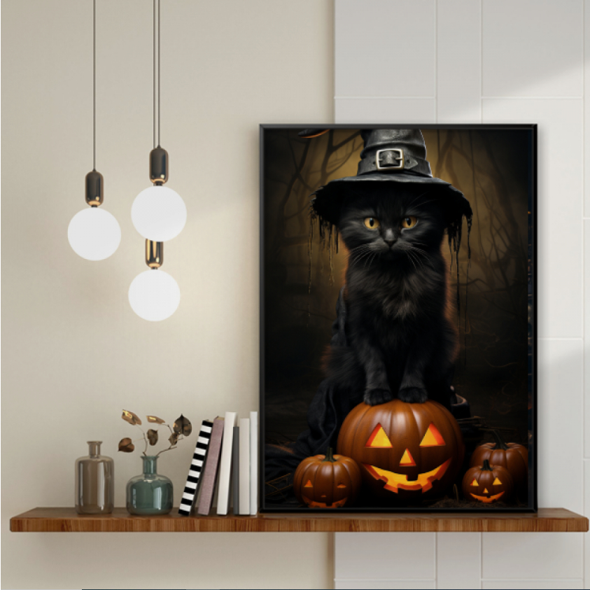 Quadro decorativo gato preto de chapéu de bruxa e abóboras de halloween para seu quarto