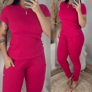Conjunto Feminino canelado Casual calça Jogger e blusa tendencias Blogueira