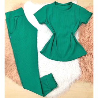 Conjunto Feminino canelado Casual calça Jogger e blusa tendencias Blogueira