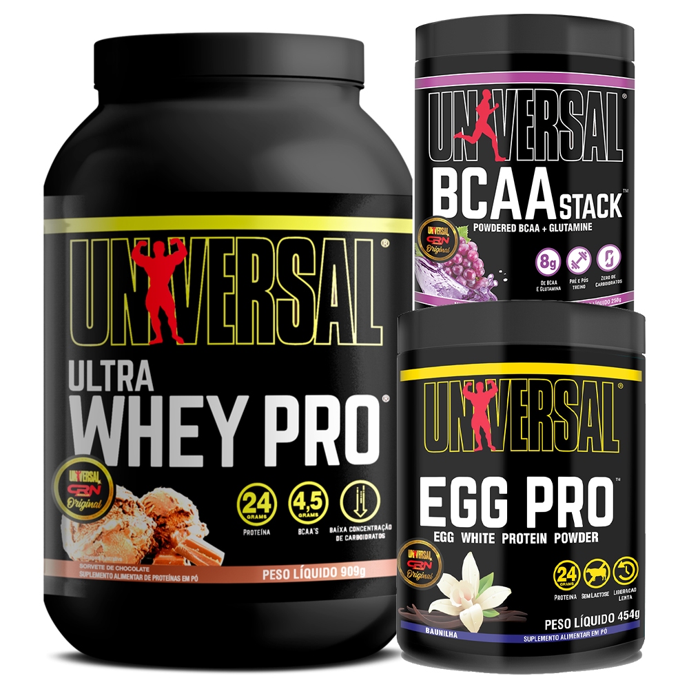Kit Ultra Whey Pro 900g + Egg Pro 454g + BCAA Stack 250g – Universal