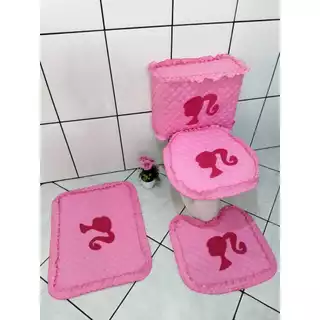 Jogo de banheiro da Barbie rosa fofo kit tapetes capa pra caixa acoplada capa vaso sanitário bordado