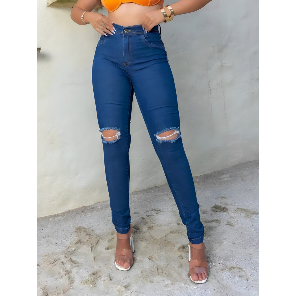 Calça Jeans Feminina Skinny Rasgada Nos Joelhos Cintura Alta Empina ...